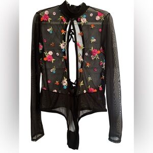 Black Shear Cutout Bodysuit Lingerie Long Sleeves embroidered floral Size 1X-2X
